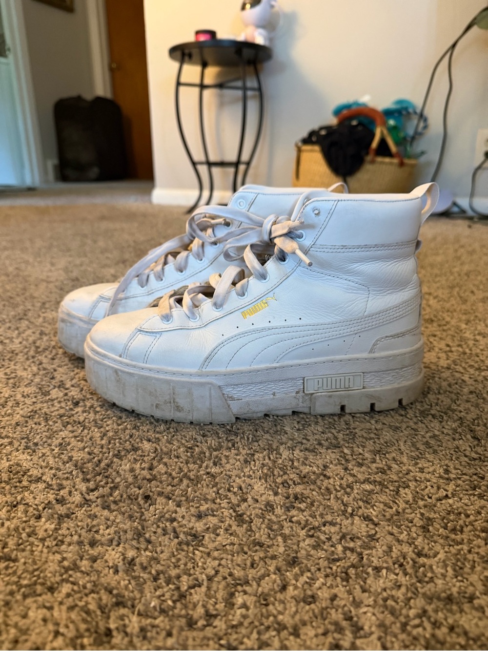 Puma White Leather High-Top Platform Sneakers with Gold Logo